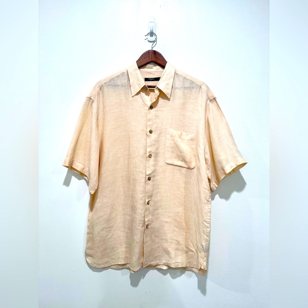Tom James Mens Beige 100% Linen Casual Button-Up Short Sleeve Shirt Large